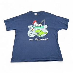 Vintage Mr Fisherman Shirt Adult EXTRA LARGE Blue Jim Benton Funny Comic Art 90s